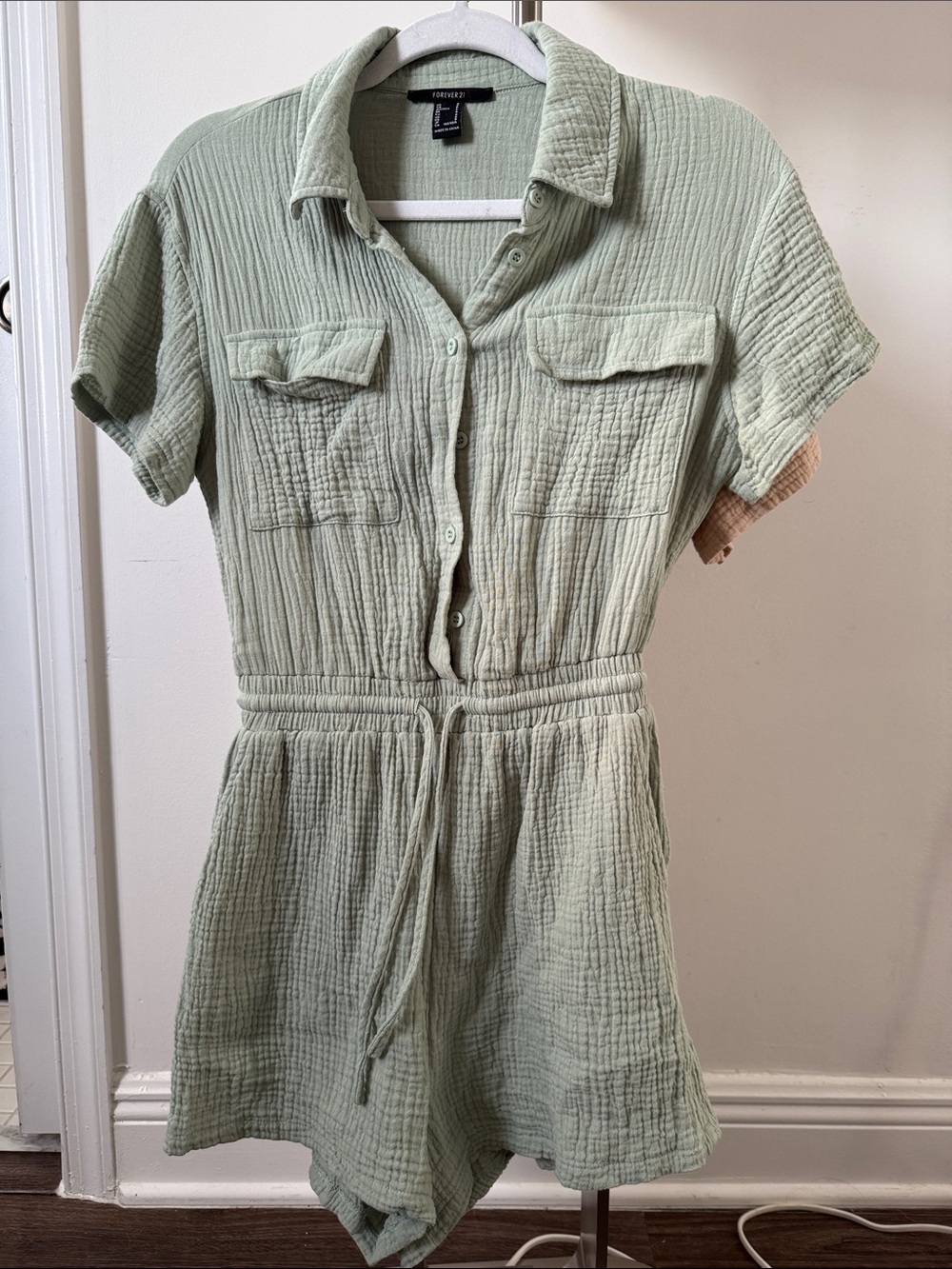 Forever 21 Light Sage Button-Front Drawstring Romper
